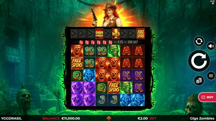 Giga Zombies – žaidimo ekranas su 6x5 ritiniais